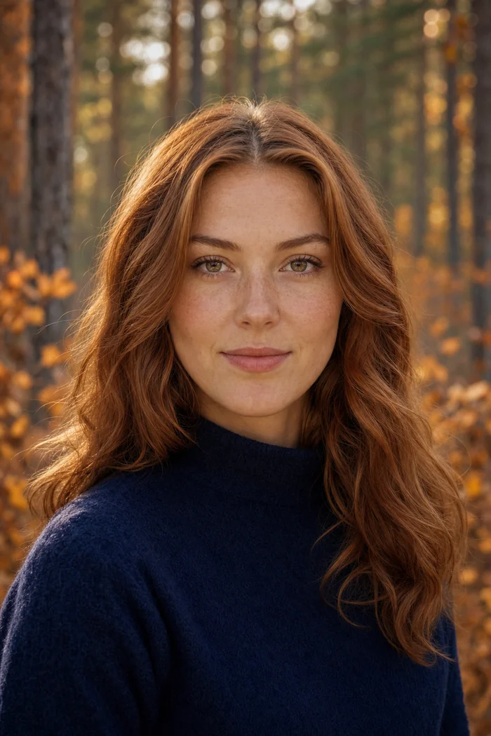 Portrait généré par IA d'une femme rousse aux cheveux ondulés et pull bleu nuit dans une forêt d'automne, ne représente pas une personne réelle