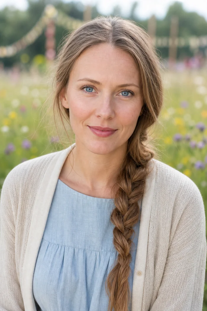 Portrait généré par IA d'une femme aux cheveux châtain clair tressés, robe bleu pâle et cardigan crème dans une prairie fleurie, ne représente pas une personne réelle