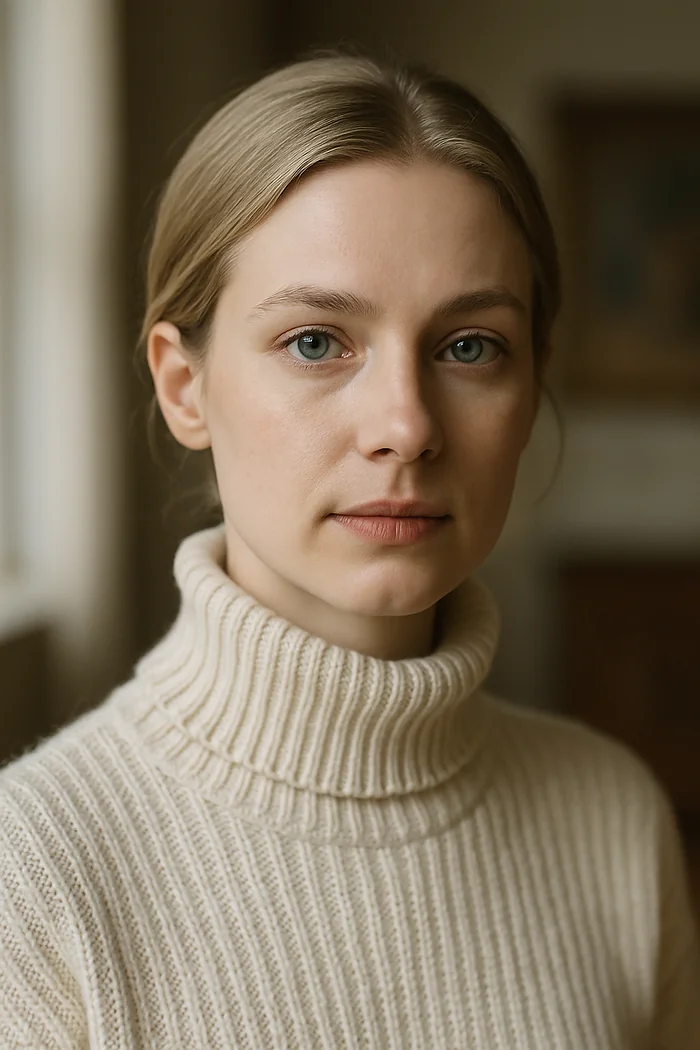 Portrait généré par IA d'une femme blonde au chignon bas et pull col roulé ivoire devant une lumière douce, ne représente pas une personne réelle