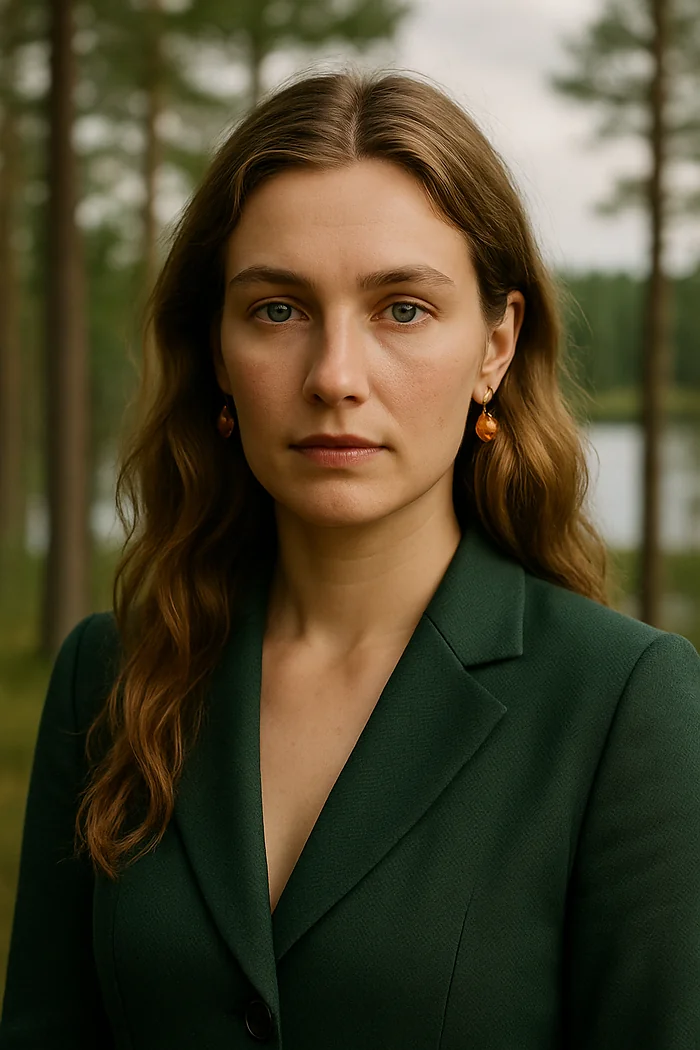 Portrait généré par IA d'une femme aux longs cheveux blond foncé et blazer vert forêt devant des pins, ne représente pas une personne réelle
