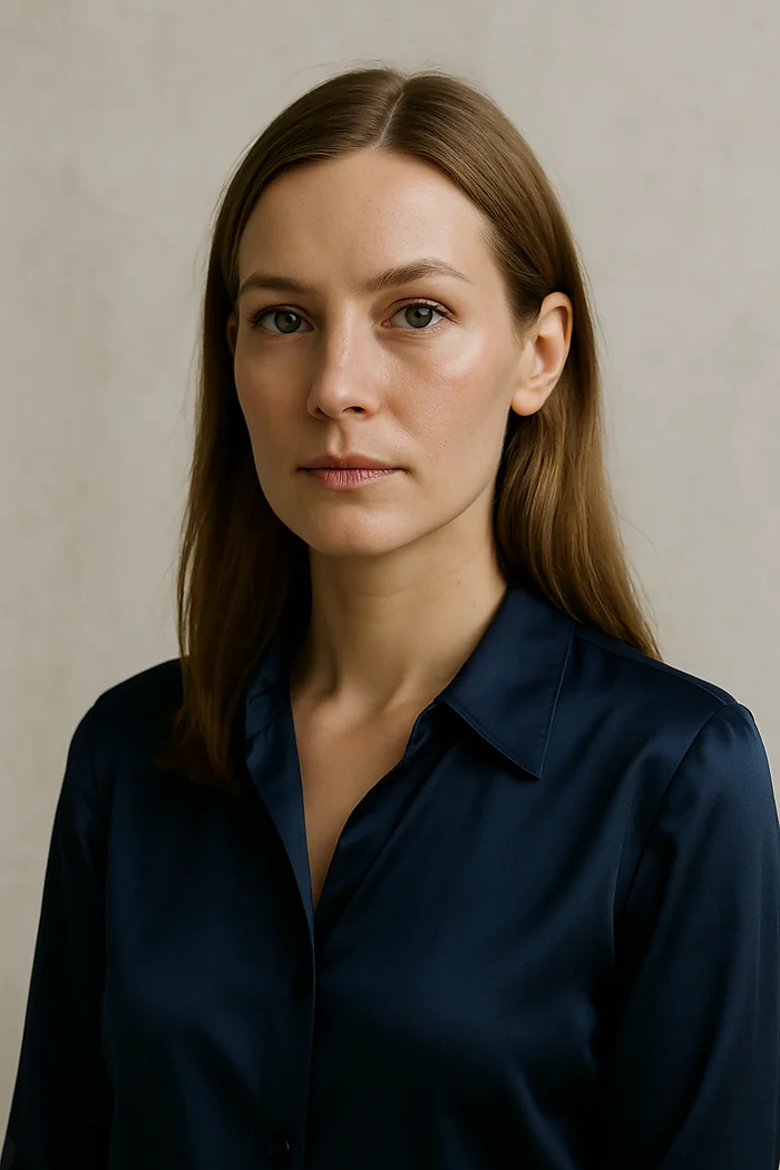 Portrait généré par IA d'une femme aux cheveux châtain lisses et blouse satinée bleu nuit sur fond pierre claire, ne représente pas une personne réelle