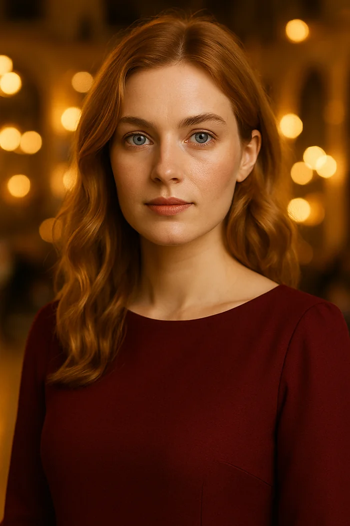 Portrait généré par IA d'une femme aux cheveux cuivrés ondulés et robe bordeaux devant des lumières dorées, ne représente pas une personne réelle