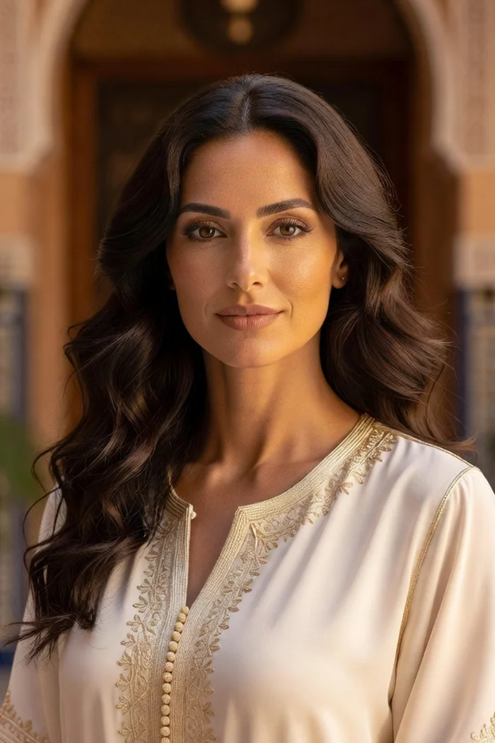 Portrait généré par IA d'une femme fictive aux longs cheveux bruns ondulés, caftan ivoire brodé et cour de riad floutée, ne représente pas une personne réelle