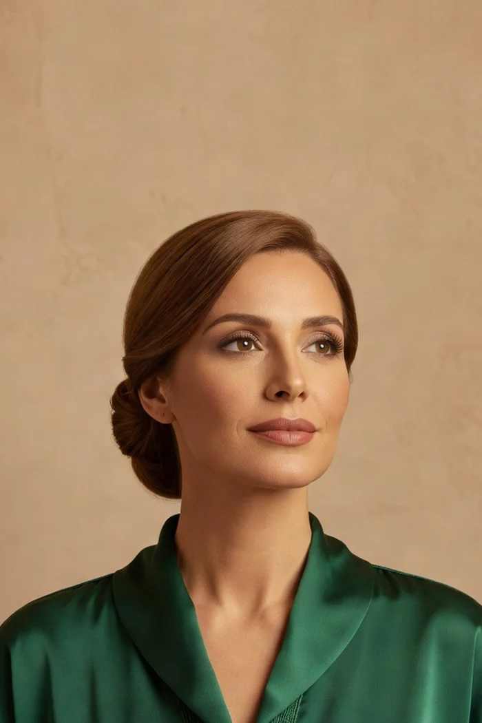 Portrait généré par IA d'une femme fictive au chignon bas châtain, veste satin vert émeraude et mur beige de hammam, ne représente pas une personne réelle