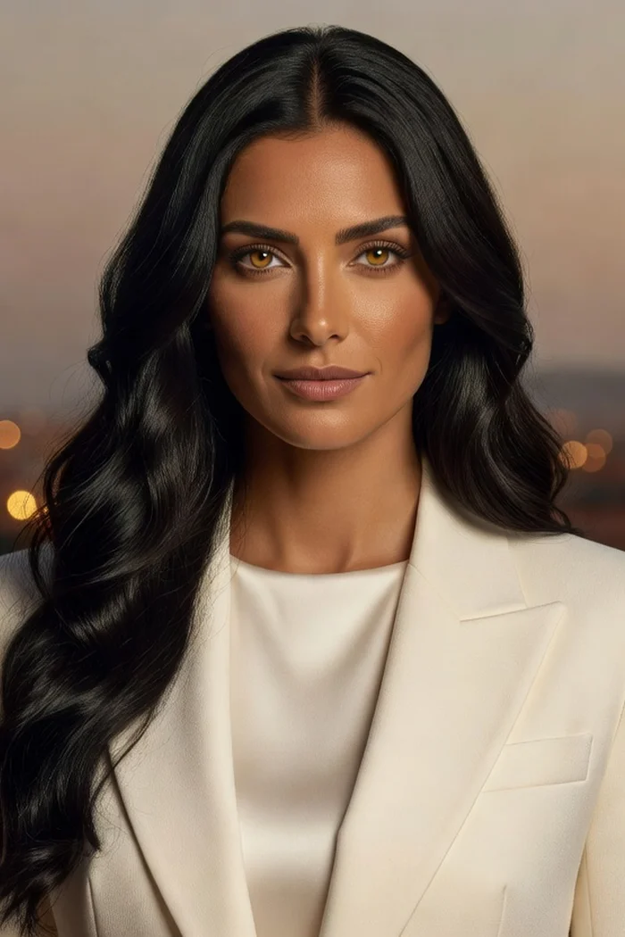 Portrait généré par IA d'une femme fictive aux longs cheveux noirs, blazer blanc et lumières de soirée floutées, ne représente pas une personne réelle