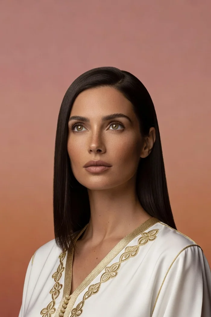 Portrait généré par IA d'une femme fictive aux cheveux noirs lisses, caftan blanc brodé d'or et fond rose terracotta, ne représente pas une personne réelle
