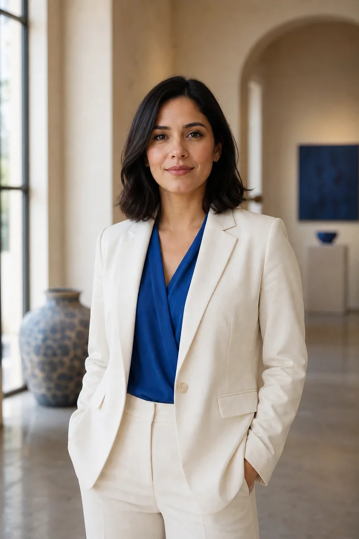 Portrait IA d'une femme fictive au carré noir, blazer ivoire et blouse cobalt dans une galerie claire