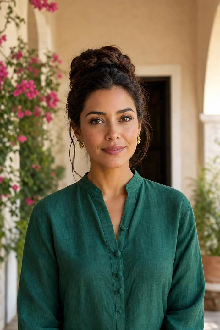 Portrait IA d'une femme fictive au chignon tressé, blouse émeraude et bougainvillier rose