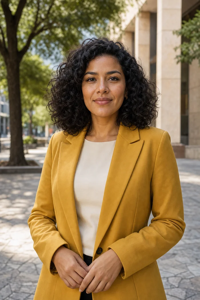 Portrait IA d'une femme fictive aux boucles noires et veste jaune moutarde sur une promenade arborée