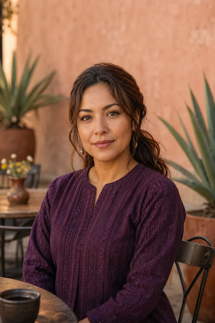 Portrait IA d'une femme fictive aux cheveux auburn attachés et blouse prune devant un mur ocre et des agaves