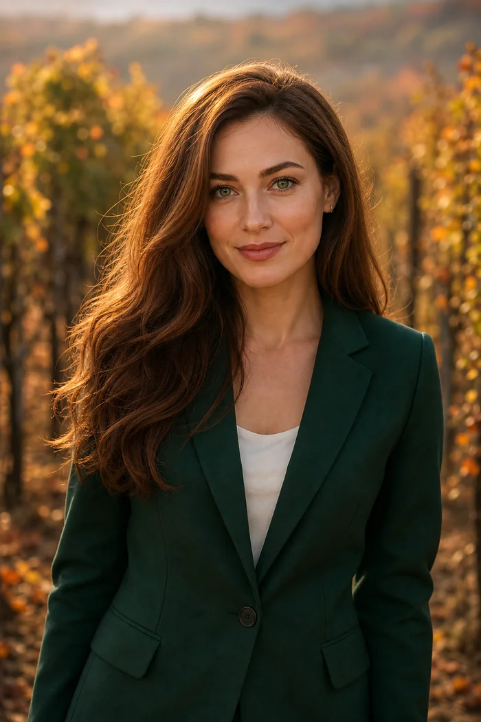 Portrait généré par IA d'une femme adulte fictive aux cheveux bruns longs avec robe verte près de vignobles moldaves, ne représente pas une personne réelle