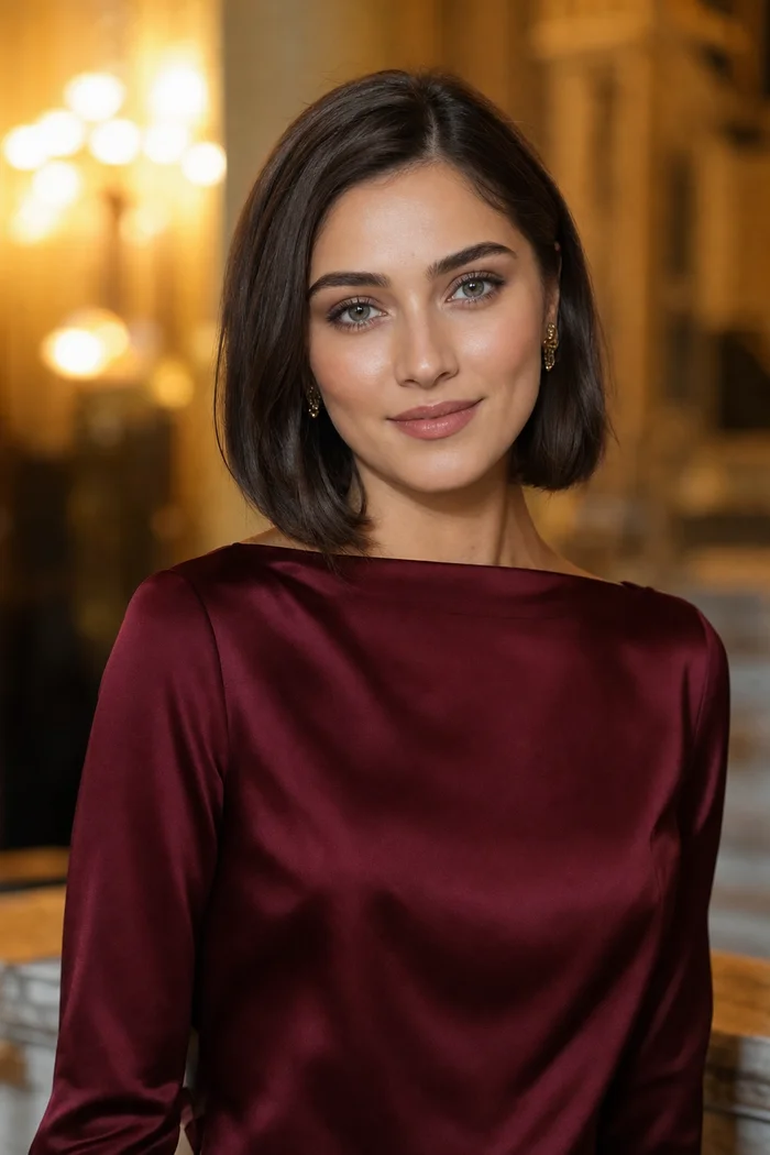 Portrait généré par IA d'une femme adulte fictive aux cheveux auburn et manteau crème dans une lumière dorée, ne représente pas une personne réelle