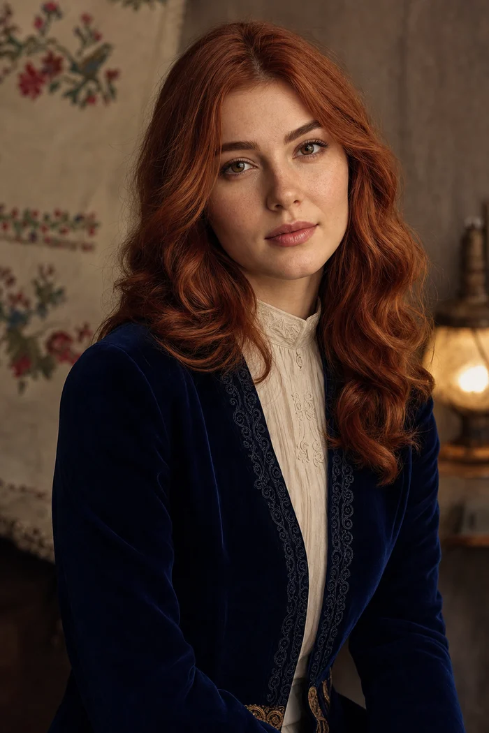 Portrait généré par IA d'une femme adulte fictive aux cheveux ondulés et robe bleu nuit devant des lumières de scène, ne représente pas une personne réelle