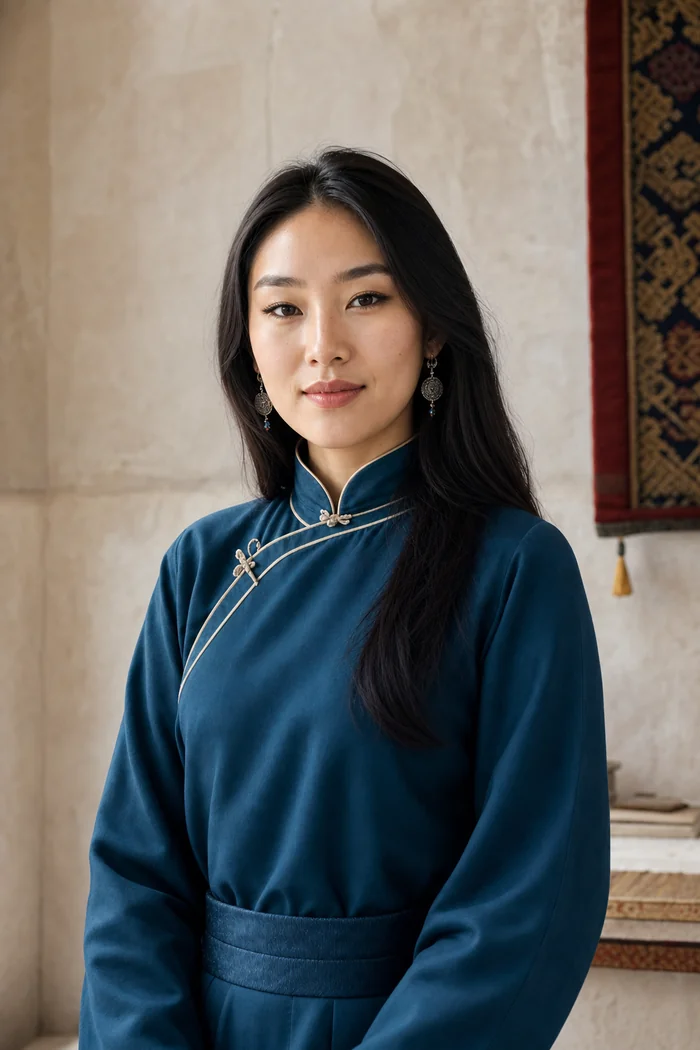 Portrait généré par IA d'une femme adulte fictive aux cheveux noirs lisses avec veste deel moderne bleu pétrole, ne représente pas une personne réelle