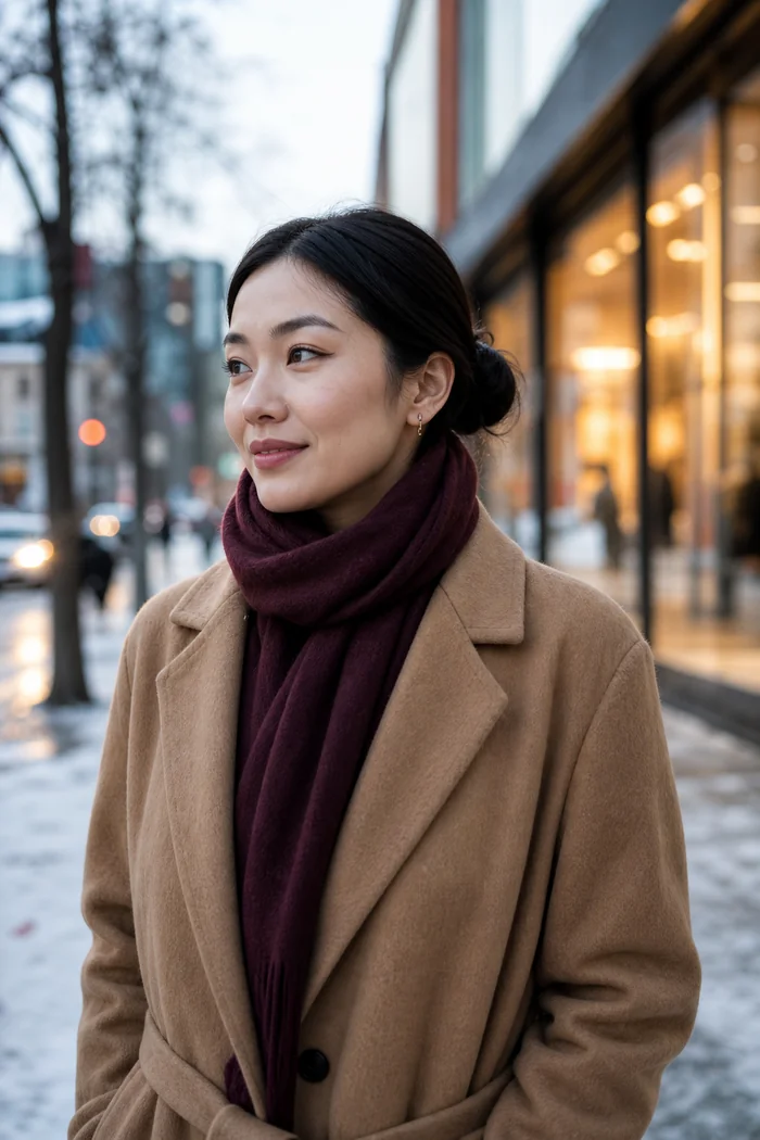 Portrait généré par IA d'une femme adulte fictive aux cheveux attachés avec manteau camel et écharpe bordeaux dans une rue hivernale, ne représente pas une personne réelle