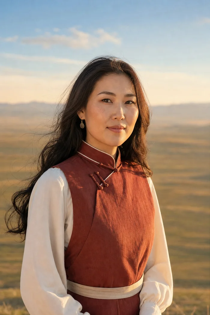 Portrait généré par IA d'une femme adulte fictive aux cheveux bruns devant la steppe dorée avec gilet rouge rustique, ne représente pas une personne réelle