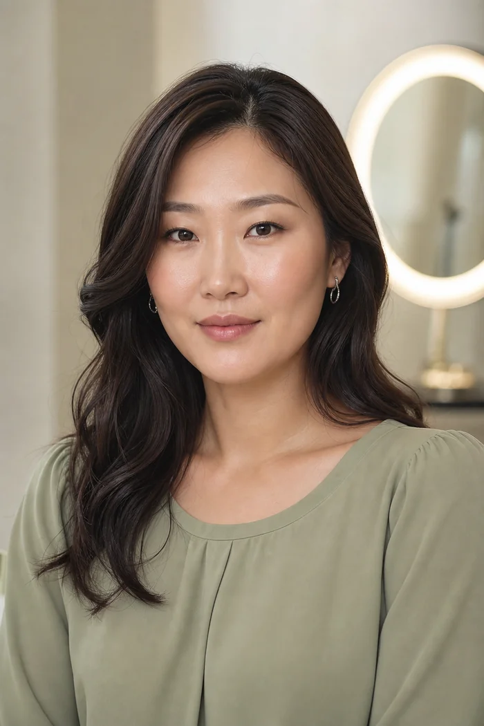 Portrait généré par IA d'une femme adulte fictive aux cheveux bruns ondulés avec blouse vert sauge en studio beauté, ne représente pas une personne réelle