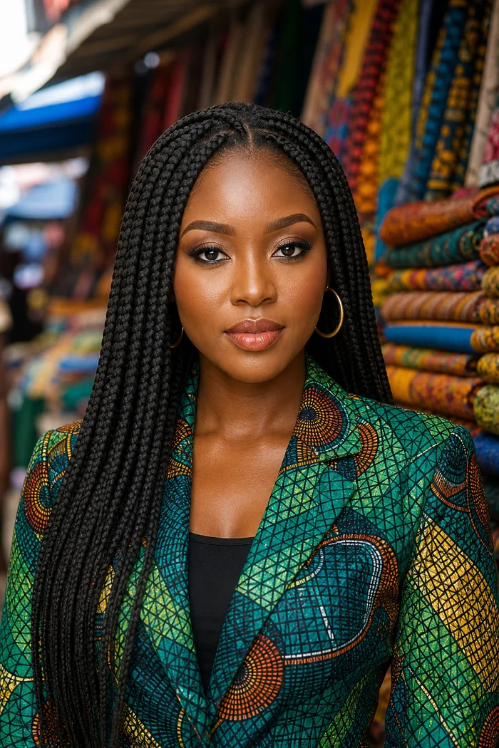 Portrait IA d'une femme fictive aux longues box braids, veste ankara verte et tissus colores a Lagos