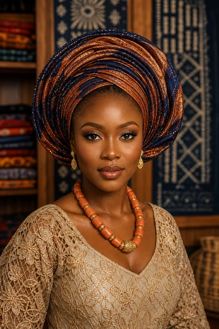 Portrait IA d'une femme fictive avec grand gele cuivre, colliers coral et panneau adire indigo