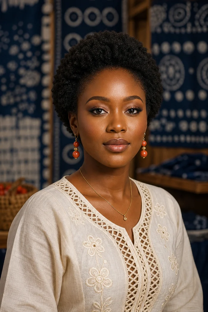Portrait IA d'une femme fictive aux cheveux afro courts, blouse ivoire et panneaux adire indigo