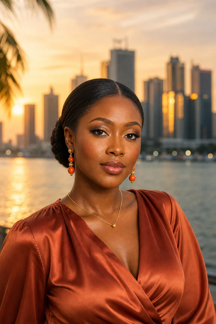 Portrait IA d'une femme fictive avec chignon bas, blouse rouille satin et skyline d'Ikoyi en arriere-plan