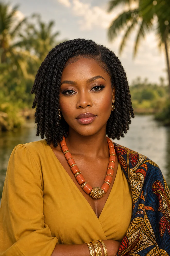 Portrait IA d'une femme fictive aux twists mi-longs, blouse jaune moutarde et vegetation du delta du Niger