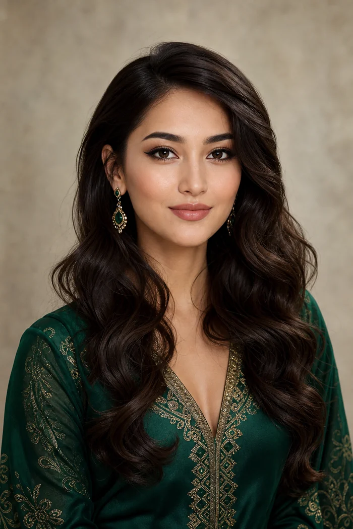 Portrait généré par IA d'une femme aux cheveux bruns ondulés et à la robe verte brodée de motifs dorés, sur fond beige patiné, ne représente pas une personne réelle