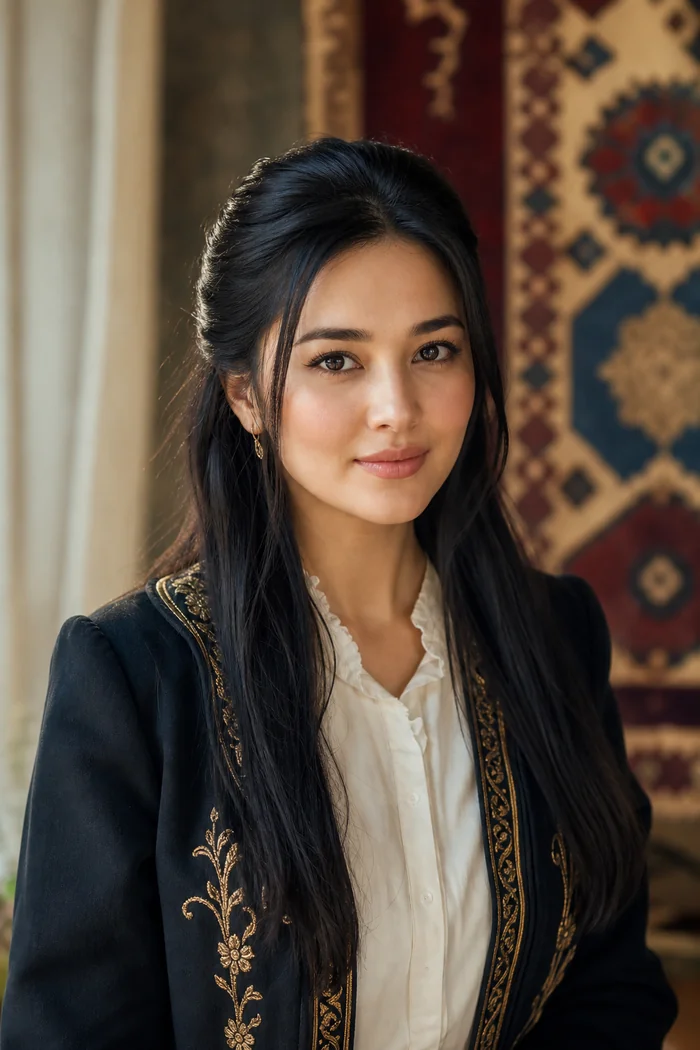 Portrait généré par IA d'une femme aux cheveux noirs mi-longs et à la veste noire brodée dorée, devant un tapis traditionnel, ne représente pas une personne réelle