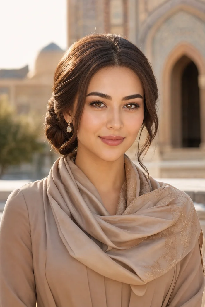 Portrait généré par IA d'une femme aux cheveux en chignon bas et au foulard beige, devant une architecture orientale de madrasa, ne représente pas une personne réelle