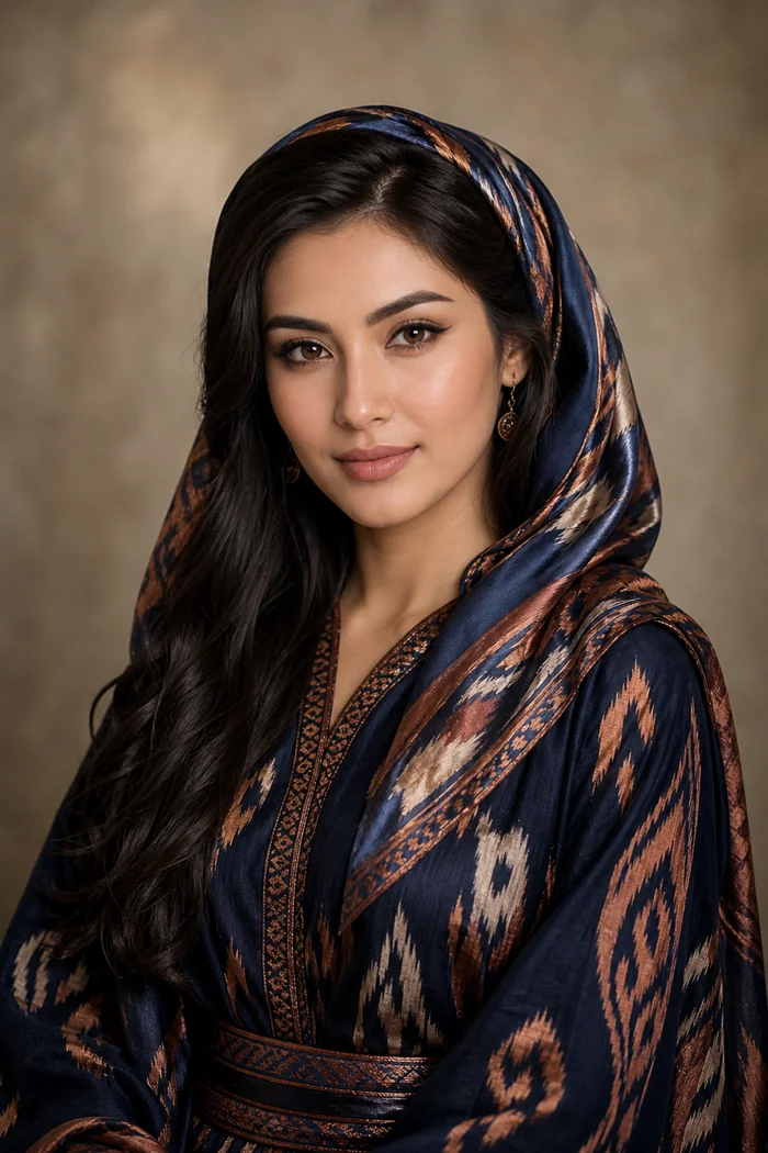 Portrait généré par IA d'une femme au châle bleu marine à motifs ikat, sur fond patiné doré, ne représente pas une personne réelle
