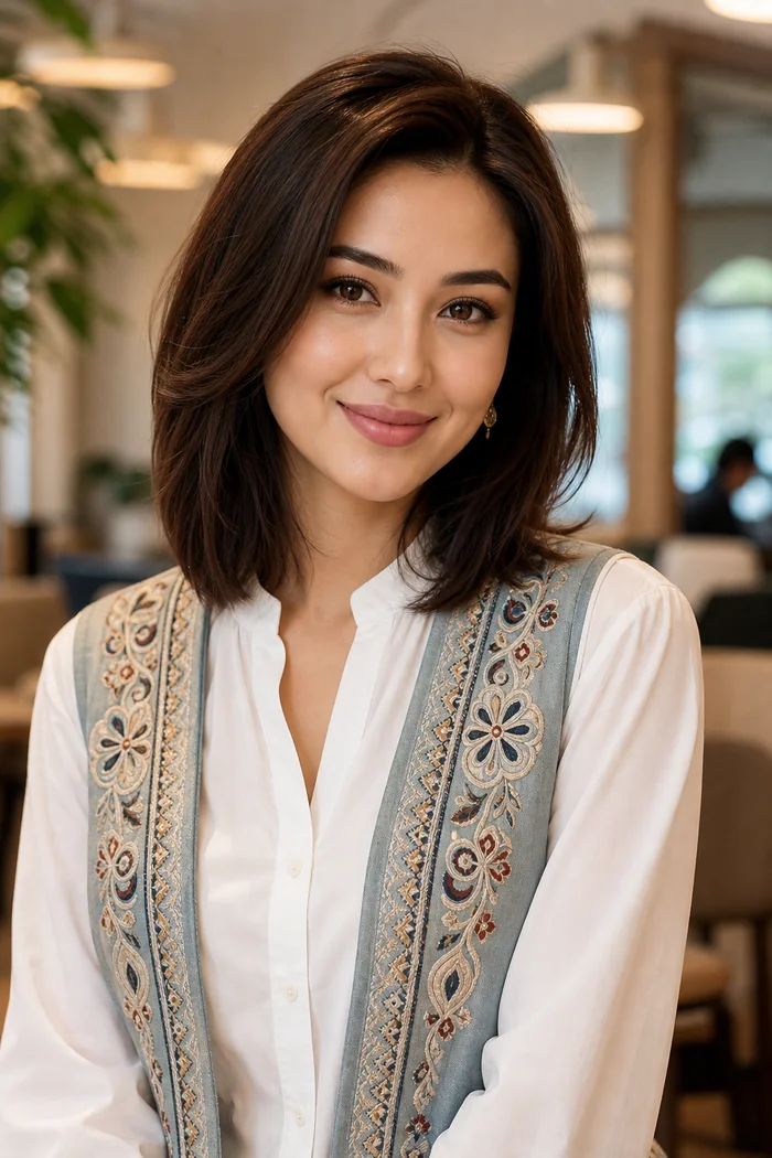 Portrait généré par IA d'une femme au carré brun mi-long et au gilet brodé bleu-gris sur chemisier blanc, en intérieur lumineux, ne représente pas une personne réelle