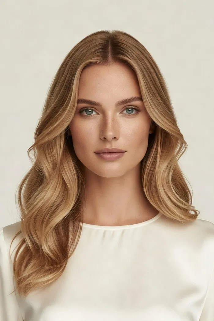 Portrait généré par IA d'une femme aux cheveux blond doré ondulés et aux yeux verts, sur fond clair uni, ne représente pas une personne réelle