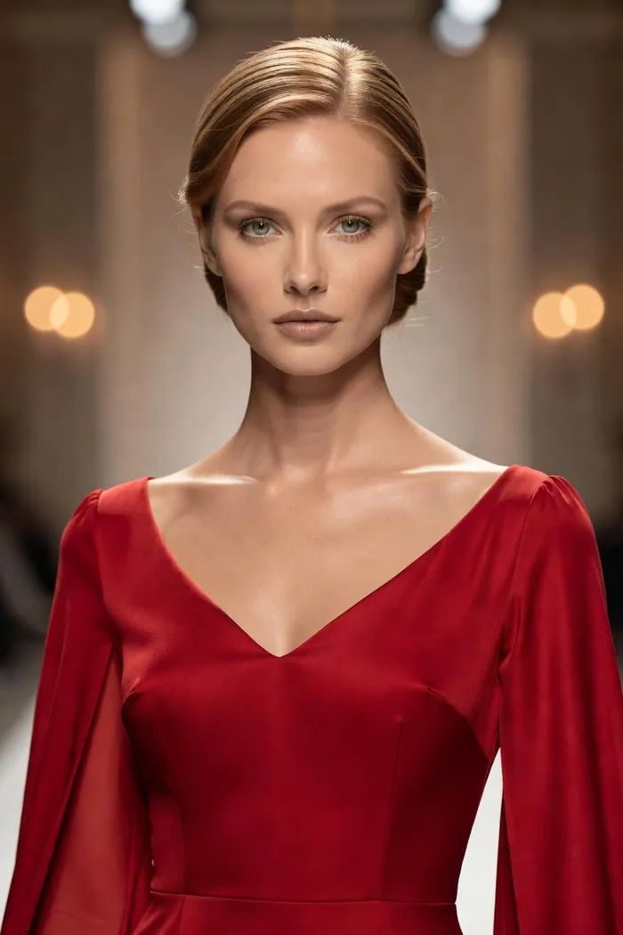 Portrait généré par IA d'une femme aux cheveux tirés en arrière et à la robe rouge satinée décolletée, devant des lumières de scène, ne représente pas une personne réelle