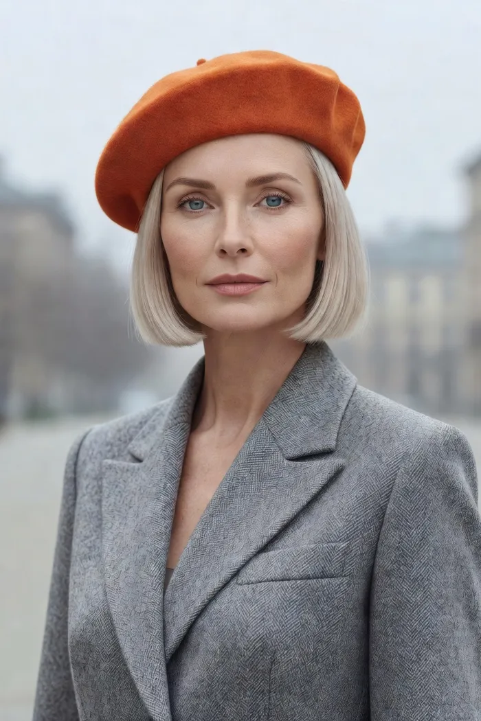 Portrait généré par IA d'une femme au carré blond platine et au béret orange, manteau gris chiné, en rue floutée, ne représente pas une personne réelle