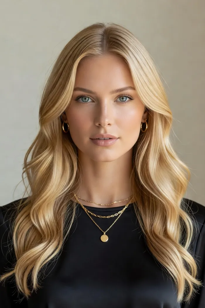 Portrait généré par IA d'une femme aux cheveux blonds longs et au collier doré, haut noir, sur fond beige uni, ne représente pas une personne réelle