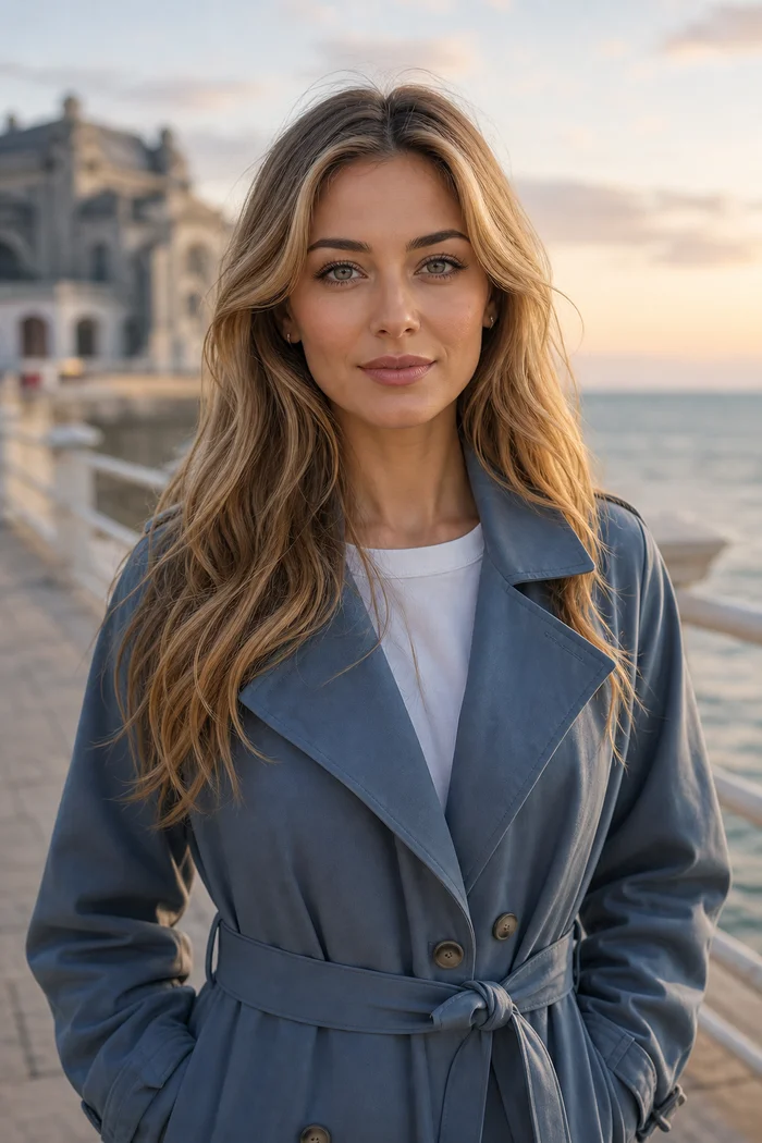 Portrait genere par IA d'une femme blonde en manteau bleu clair devant une facade roumaine, ne represente pas une personne reelle