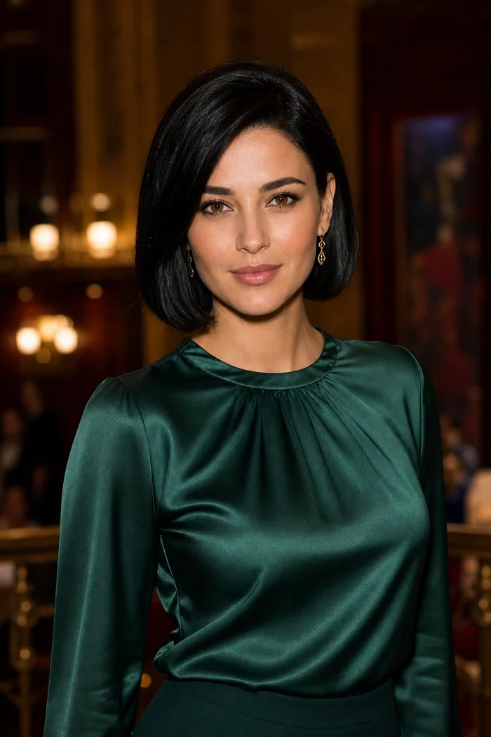 Portrait genere par IA d'une femme brune en haut satine vert dans un interieur aux lumieres chaudes, ne represente pas une personne reelle