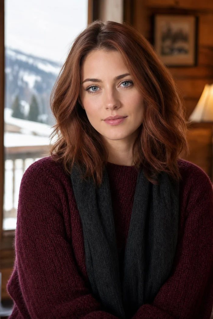 Portrait genere par IA d'une femme rousse en manteau bordeaux devant une fenetre enneigee, ne represente pas une personne reelle