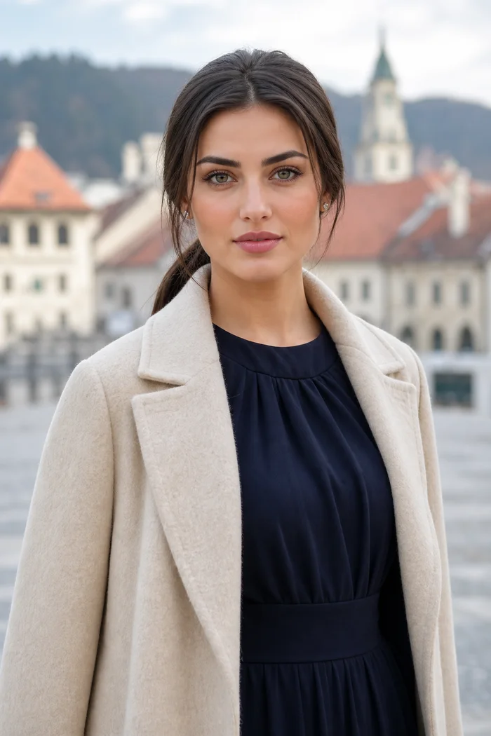 Portrait genere par IA d'une femme brune en manteau clair devant une ville de Transylvanie, ne represente pas une personne reelle