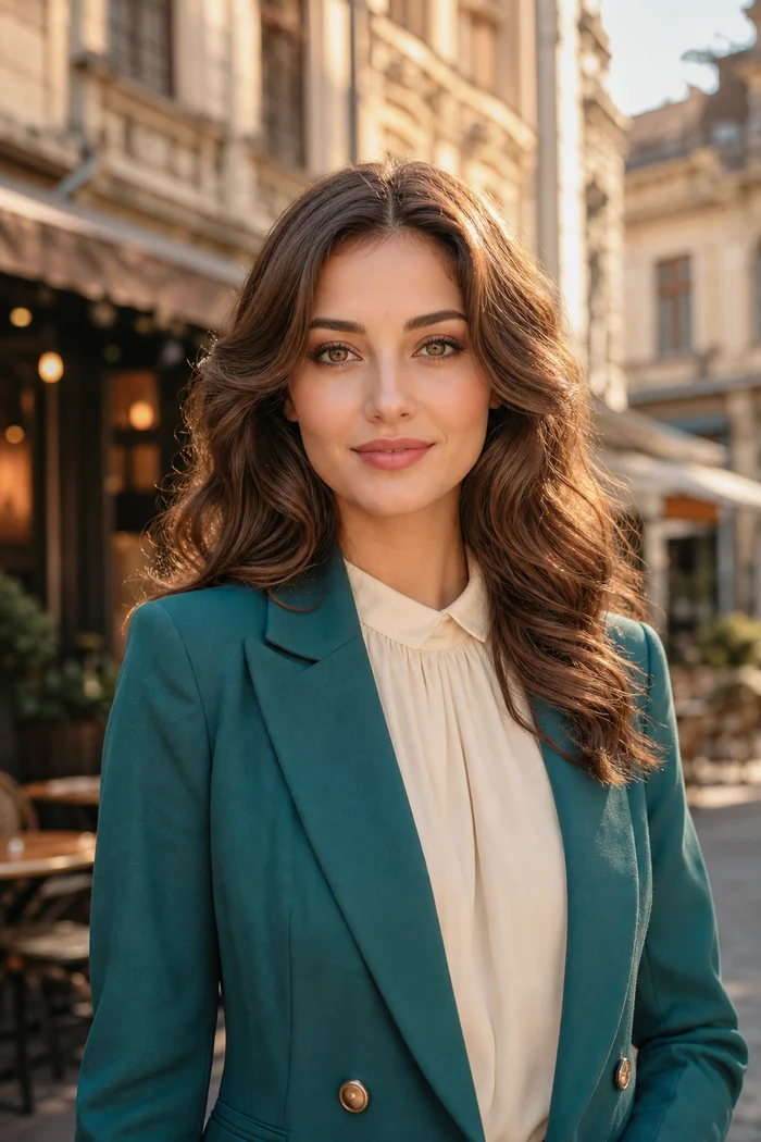 Portrait genere par IA d'une femme brune en blazer vert dans une rue ensoleillee de Bucarest, ne represente pas une personne reelle