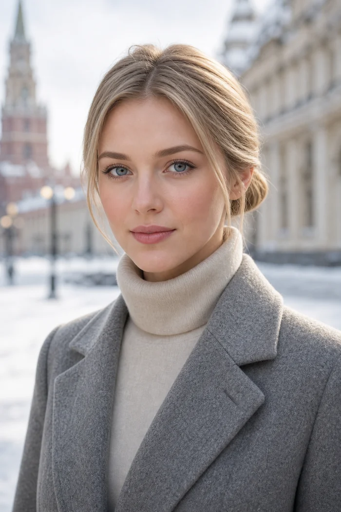 Portrait généré par IA d'une femme blonde aux yeux gris bleutés, col roulé crème et manteau gris dans une rue enneigée, ne représente pas une personne réelle