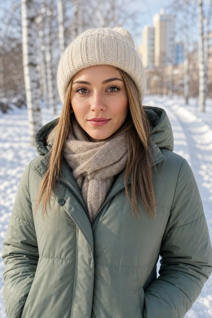 Portrait généré par IA d'une femme blond foncé en bonnet crème, manteau vert sauge et écharpe beige dans un parc enneigé, ne représente pas une personne réelle