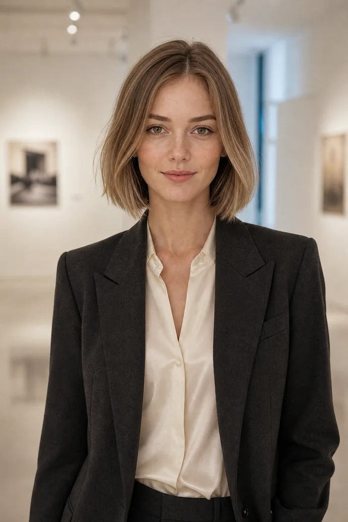Portrait généré par IA d'une femme au carré blond foncé, blazer charbon et blouse ivoire dans une galerie claire, ne représente pas une personne réelle