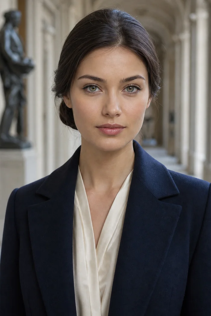 Portrait généré par IA d'une femme brune en manteau bleu marine et blouse ivoire dans un corridor de musée, ne représente pas une personne réelle