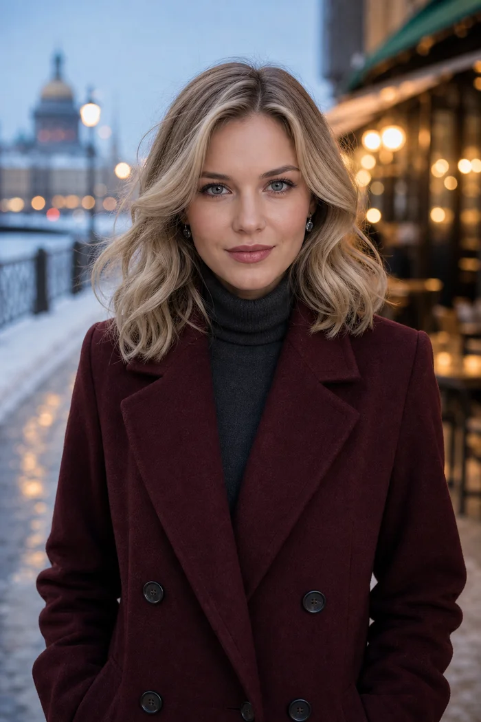 Portrait généré par IA d'une femme blonde en manteau bordeaux près d'un quai enneigé et de lumières de café, ne représente pas une personne réelle