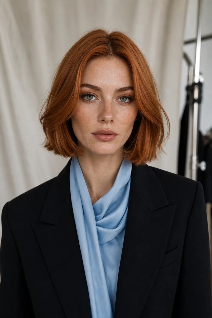Portrait généré par IA d'une femme rousse au carré en blazer noir et foulard bleu pâle dans un studio photo, ne représente pas une personne réelle