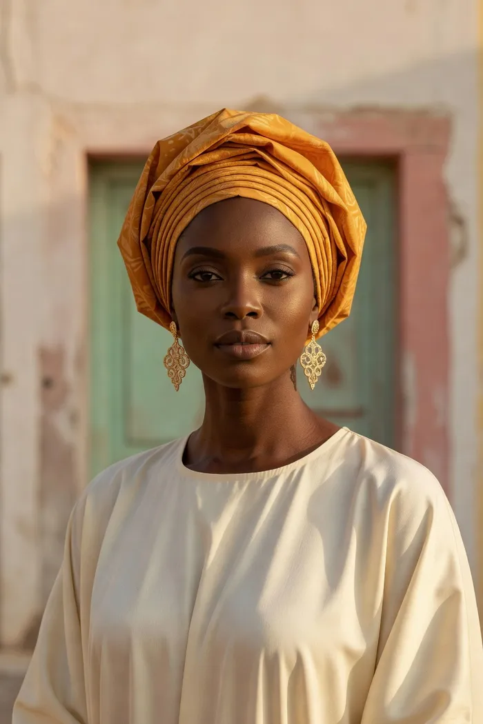 Portrait généré par IA d'une femme fictive au foulard wax safran, boubou ivoire et bijoux d'or devant une porte pastel de Gorée, ne représente pas une personne réelle