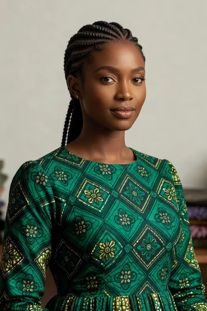Portrait généré par IA d'une femme fictive aux tresses collées, robe wax verte et atelier de tissus colorés à Dakar, ne représente pas une personne réelle