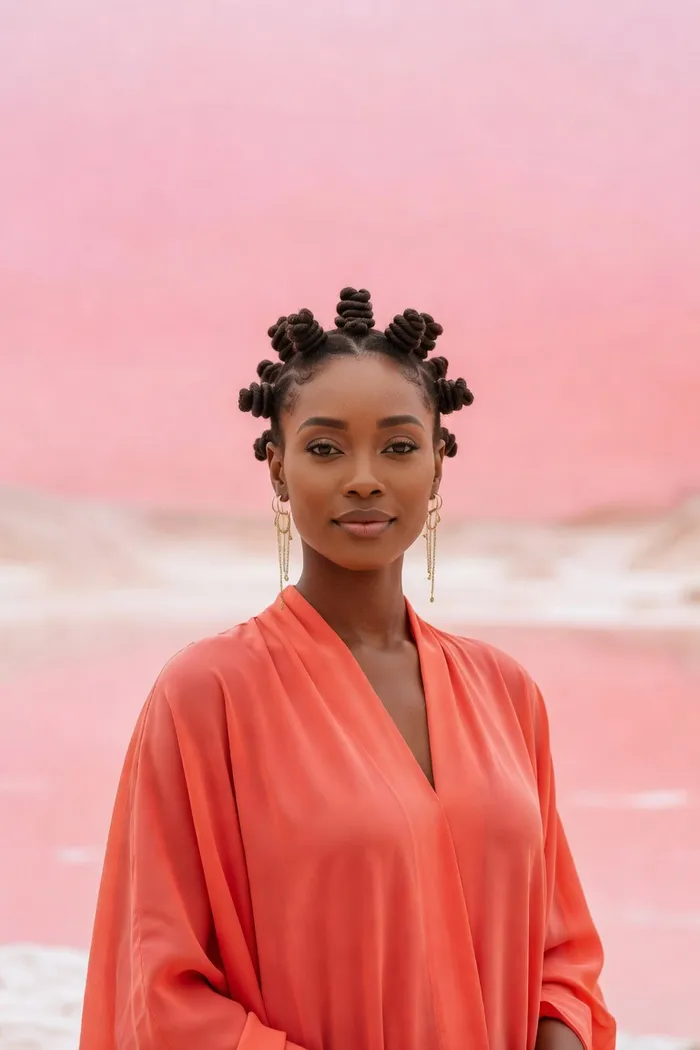 Portrait généré par IA d'une femme fictive aux bantu knots, boubou corail et fond rose évoquant le Lac Rose, ne représente pas une personne réelle