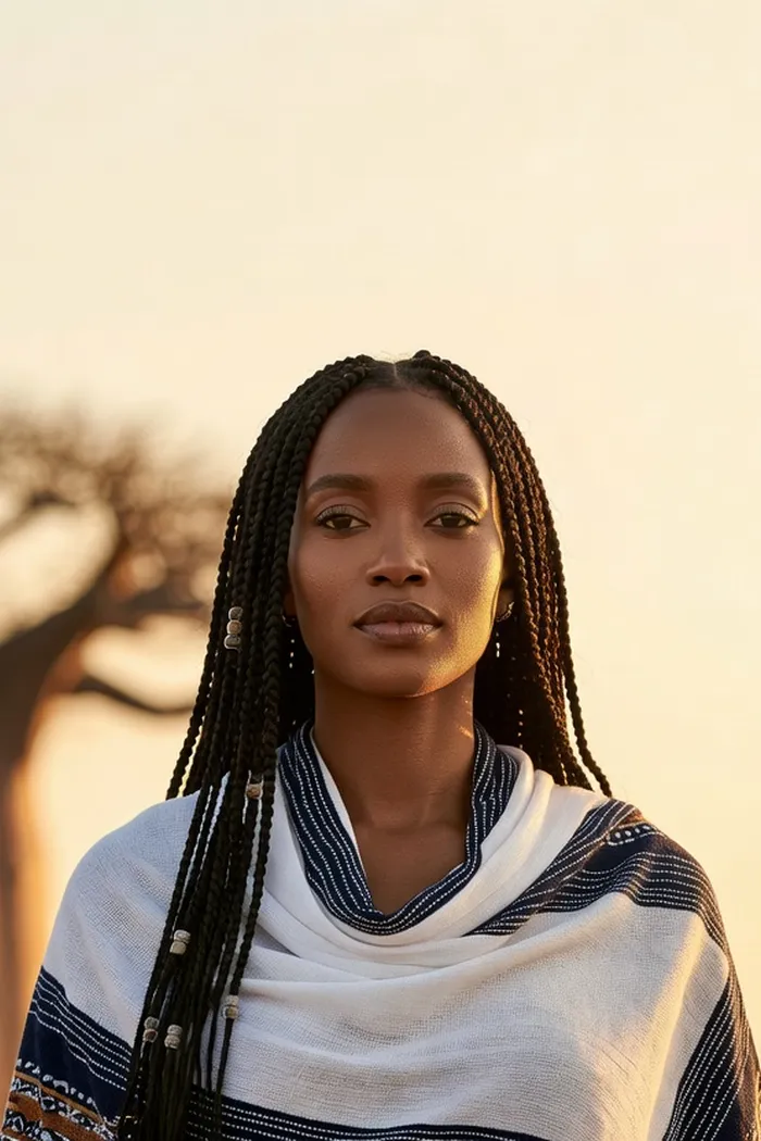Portrait généré par IA d'une femme fictive aux longues tresses, châle bogolan blanc et bleu marine et baobab flouté au couchant, ne représente pas une personne réelle